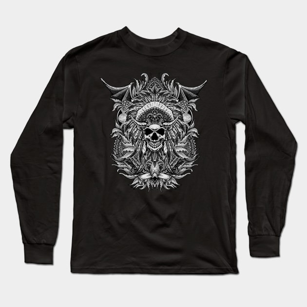 Indian Skull tribal art Long Sleeve T-Shirt by Pixel Poetry